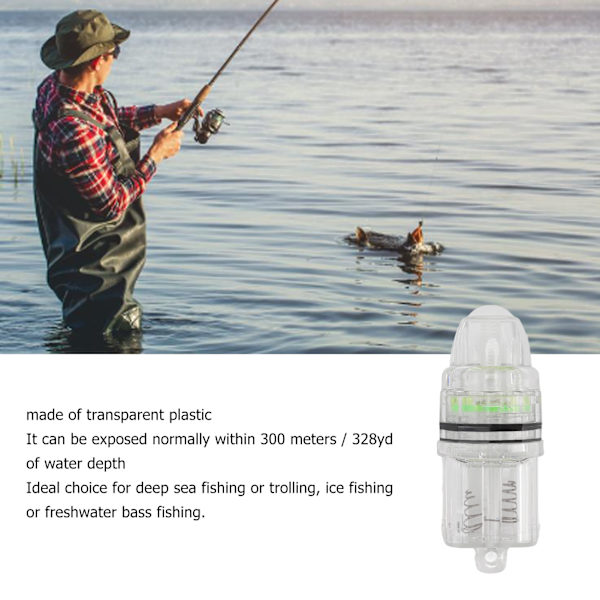 LED fiskelys for dypdråpetrolling - AA batteridrevet, gjennomsiktig plast, grønt, for sjø og ferskvann