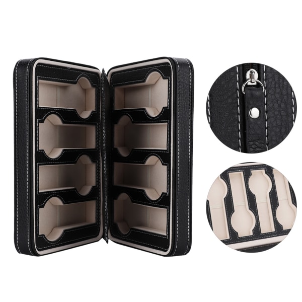 Bærbar 8 Grids imitert skinn Watch Box Armbåndsur Glidelås Oppbevaring Case Organizer