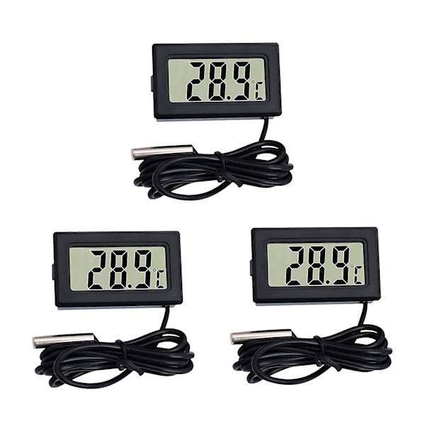 Digital LCD Mini Thermometer with External Probe - Temperature Monitor for Car/Refrigerator/Aquarium/Fish Tank/Bedroom (3 Pieces, Black)