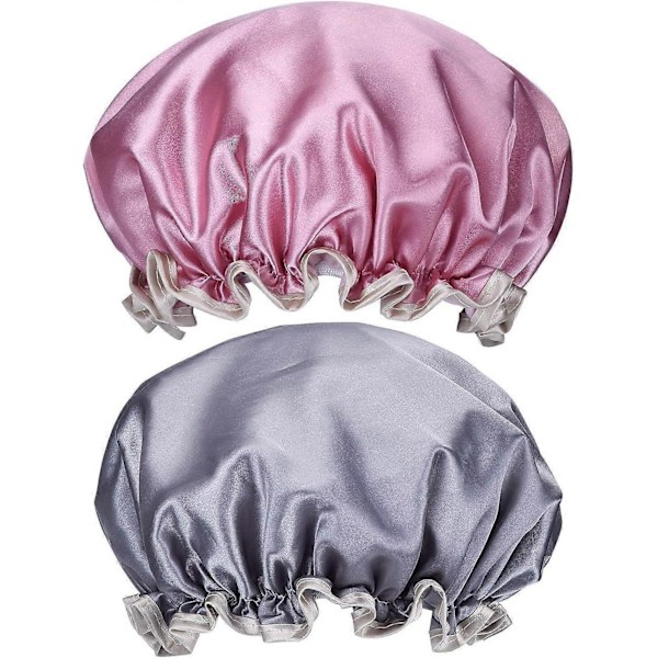 2 Pakke Dame Dusjhette Vanntett Elastisk Hårhette for Damer Spa Salong Rosa+Grå