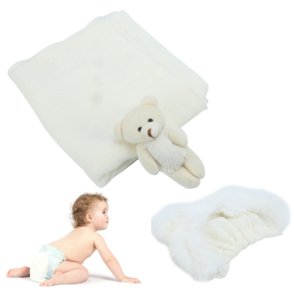 Nyfödd wrap spädbarn hudvänlig härlig hatt björn docka babyfotografering rekvisita outfit vit hatt + wrap + docka