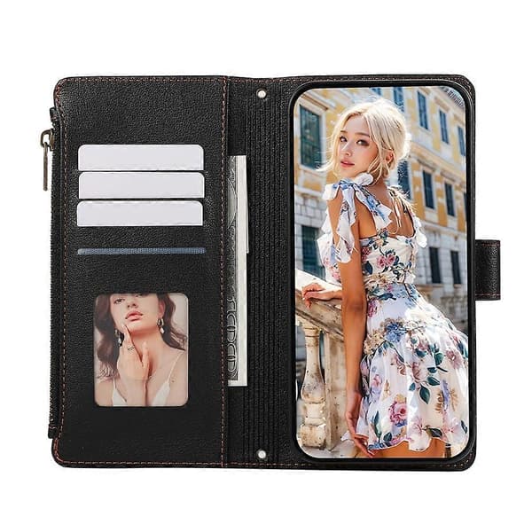 Compatible Case for Samsung Galaxy A56 5G, Multi-Slot, Zipper, Leather Case with Wrist Strap Black