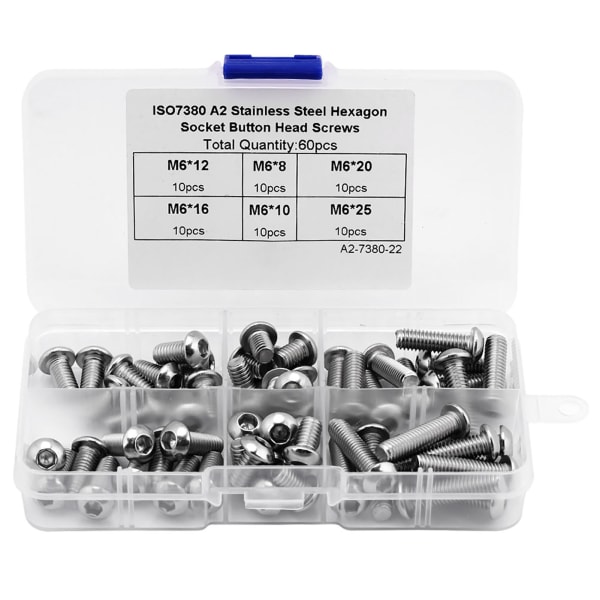 60PCS M6 Stainless Steel Hex Socket Button Head Screws Fasteners Accessories with Plastic Box