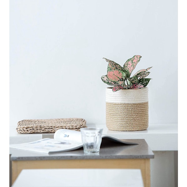 Vævet Bomuldsreb Plante Kurv Spiralkonstrueret Blomsterpotte Dæk Opbevaringsbeholder Til Hjemmeindretning Hvid Gul