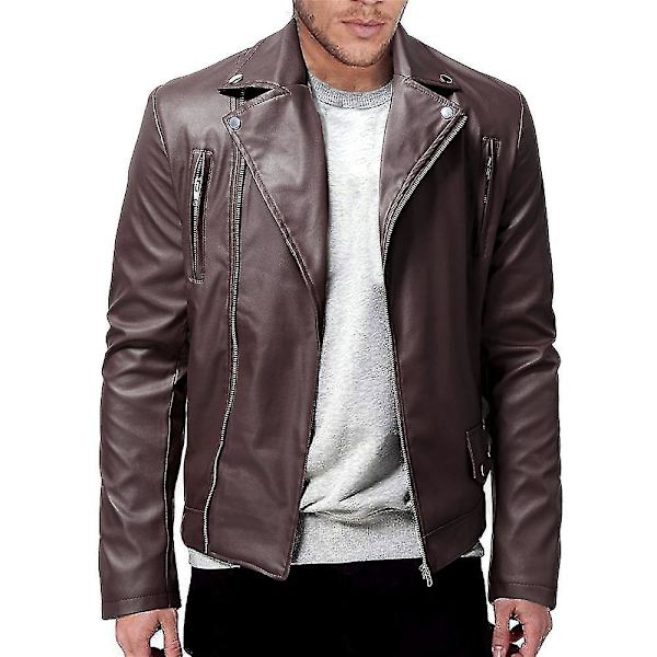 Smallast Slim Fit Brun PU-Läder Biker Motorcykeljacka för Män