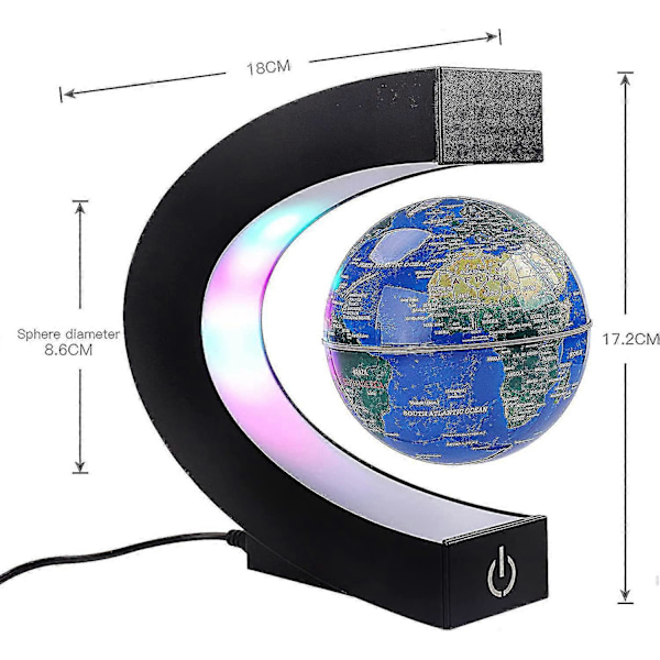Magnetisk Svevende Globus med Fargede LED-lys C Form Anti-gravitasjon Maglev Roterende Verdenskart for Gave Hjemmekontor Skrivebordsdekorasjon (med Bryter, Blå)