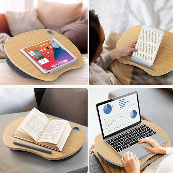 Blå bærbar computer stand - Polstret bambusplatform til senge og sofaer, sidebord med kabelhuller og skridsikre strimler, ideel til computere og tablets