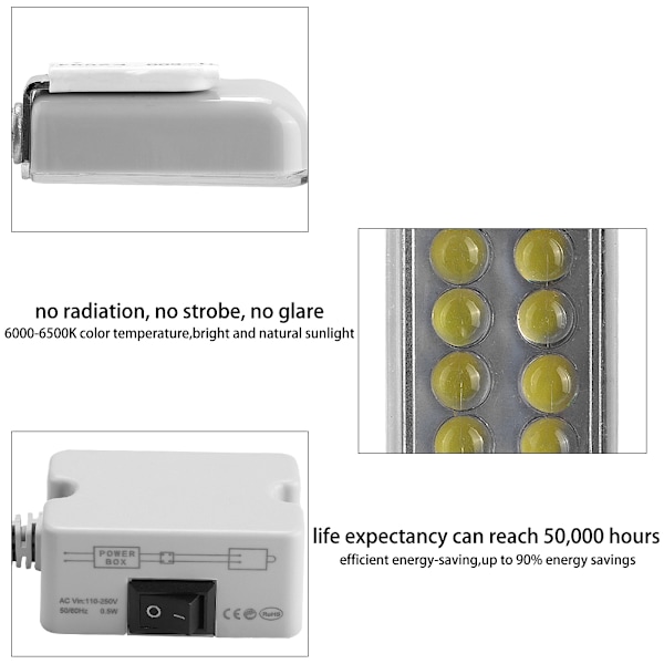 LED-lys arbeidslampe med svanehals og magnetfot for symaskin 110-265V EU-plugg