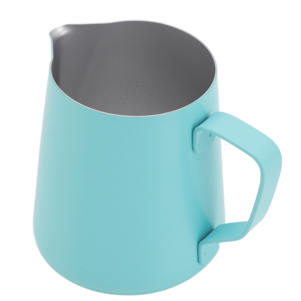 Melkeskummer i rustfritt stål, melkekanne, melkeskummer for melketebutikk, kafé, 350 ml, teflon, blå