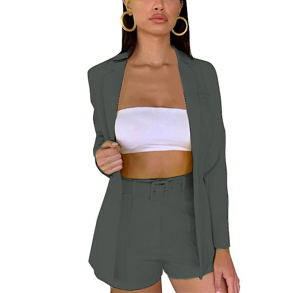 Slim Fit Dam 3-Delars Blazer Set med Byxor och Bälte L Grå