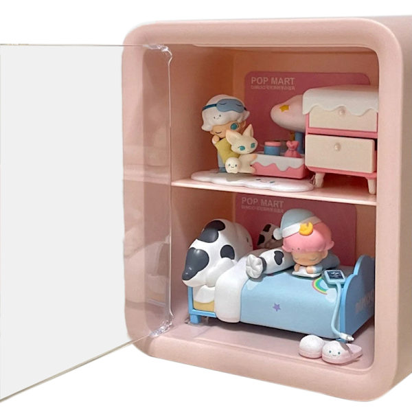 Dockhusrum Dockskåp Skåp Display Box Case 2 Layer Transparent Dörr Rosa