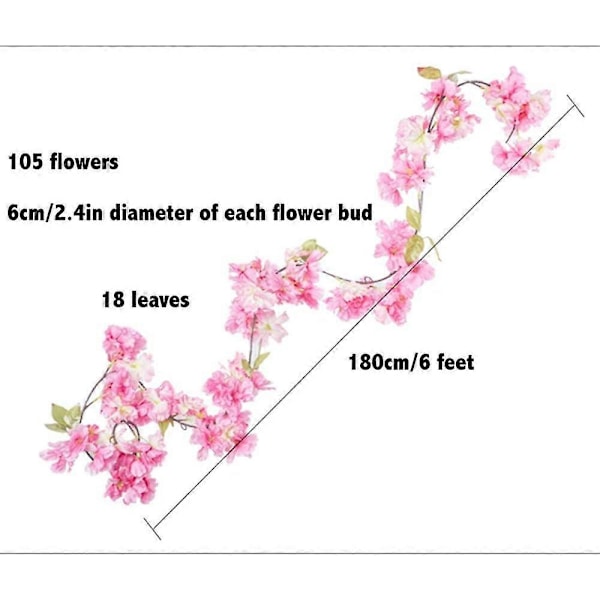 2 stk. Kunstig Kirsebærblomst Guirlande Hængende Vinstok Fake Blomster Silke Guirlande 180 cm Længde til Hjemmet