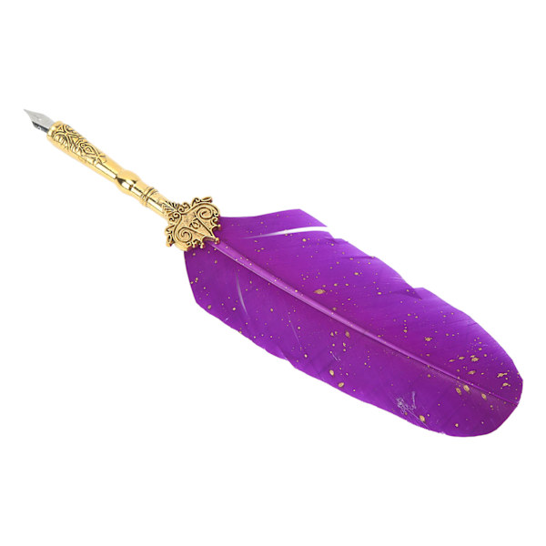 Retro Feather Pen Set Presentförpackning Lila Klar Textur Rostfritt stål Graverad Spets Pole Quill Ink Pen Set