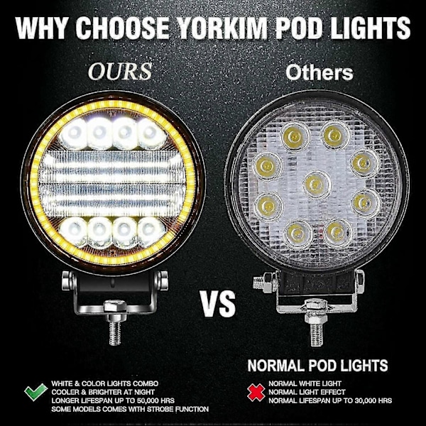 4X LED Arbetsbelysning Poddar Runda Gula Spot Combo Ljus Gul Dimljus kompatibelt med Off Road SUV