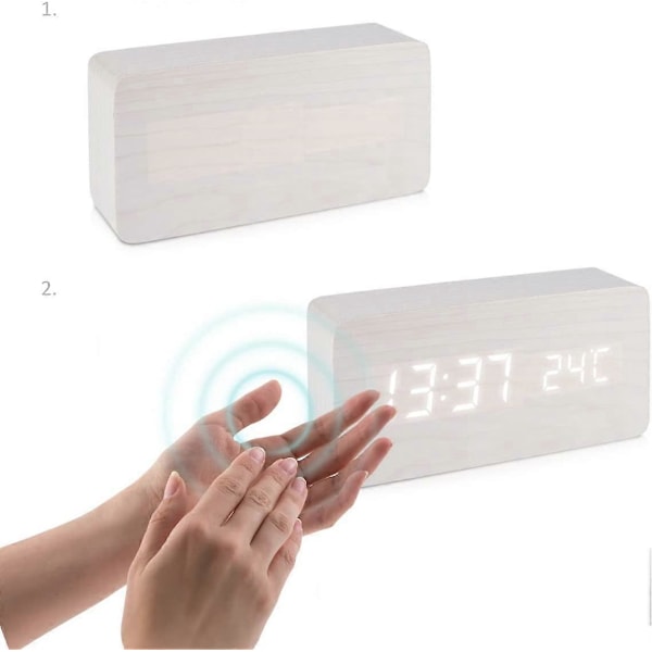 LED Väckarklocka i Trä - Digital Klocka med Träutseende - Touch Väckarklocka med Datum, Tid och Temperaturfunktion - Vit Rektangel och Vit LED