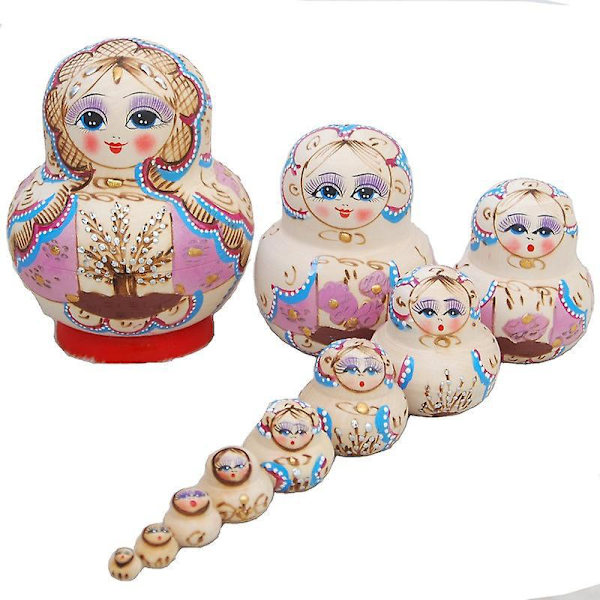 Handgjorda ryska Matryoshka häckande dockor Set med 10 - målade trädockor, traditionella handgjorda ryska gåvor och leksaker