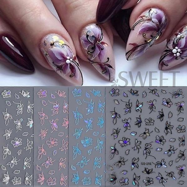2 stk. Sjarmerende Holografisk Laser Blomsterdesign Negleklistremerker for DIY Neglemaling Elegante Kronblad og Fe-linje Dekaler SO-191 Rosa Blå