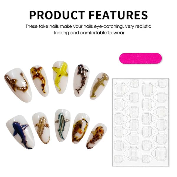 All Match Fake Nails with Fish Decor with Zero Pressure on Nail Bed Design XS