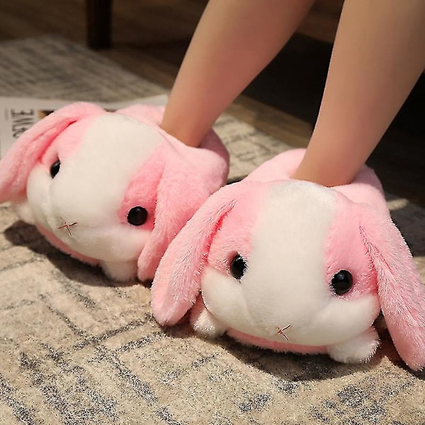 Pink Rabbit Shaped Plush Slippers with Warm Fuzzy Lining