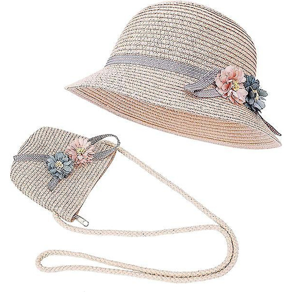 Rosa solskydd för flickor - Snygg sommarhatt i halm för barn med blomsterkant, perfekt för strandresor och vandringar (åldrarna 3-7)