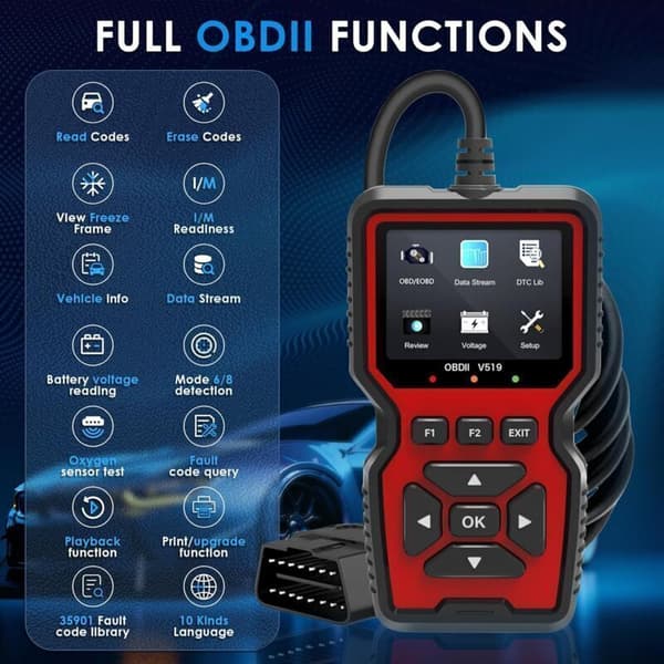 – OBD2 feilkodeleser V519 – Multimerke bildiagnoseverktøy – 2,8-tommers LCD-skjerm – 35901 DTC-kode database – OBDII-kompatibel