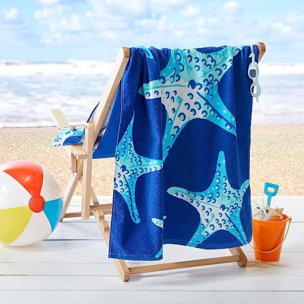 Snabbtorkande Bomullsstrandhandduk med Söstjärnemönster - Barn & Småbarn. Perfekt Resehandduk för Pojkar och Flickor. Superabsorberande Strandfilt.