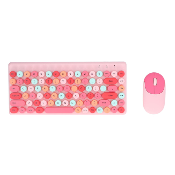 USB Tangentbord Mus Trådlös Söt Mix Färg 86 tangenter Retro Rund Konkav Keycap 1200DPI Gaming Tangentbord Mus Rosa