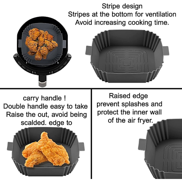Air Fryer -lisätarvike 19,5 cm, 2 kpl Air Fryer silikonikattila, Air Fryer silikonikattilakori, uudelleenkäytettävä mikroaaltouuneissa, kakkumuotit, höyrystimet (neliö)