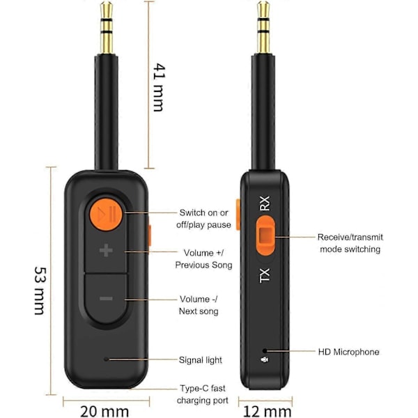 Bluetooth Transmitter Receiver 2-i-1 Bluetooth 5.4 Lydadapter, Mini Trådløs 3.5mm AUX Bluetooth Adapter