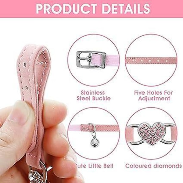 Justerbart hjerteformet halsbånd med klokke, justerbart halsbånd med rhinestone sikkerhedssele til små katte og hunde (Sort+Pink)