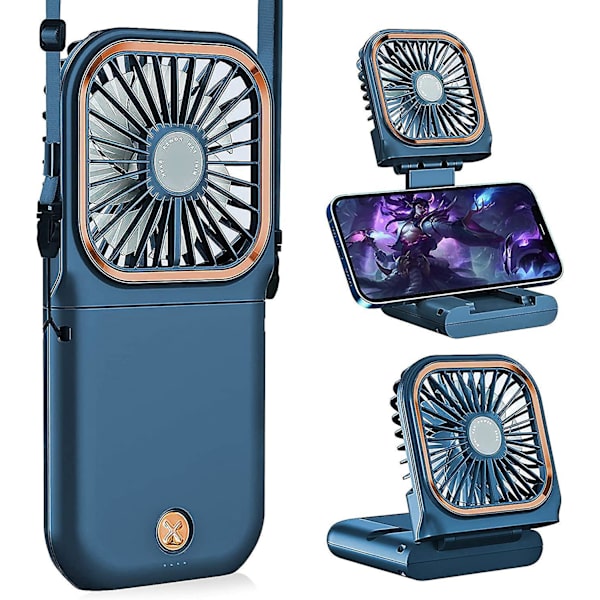 Bärbar Handhållen Halsbandfläkt - Vikbar, Mini, Tyst, USB Laddningsbar, Mobiltelefonhållare Funktion, 3000mAh Powerbank