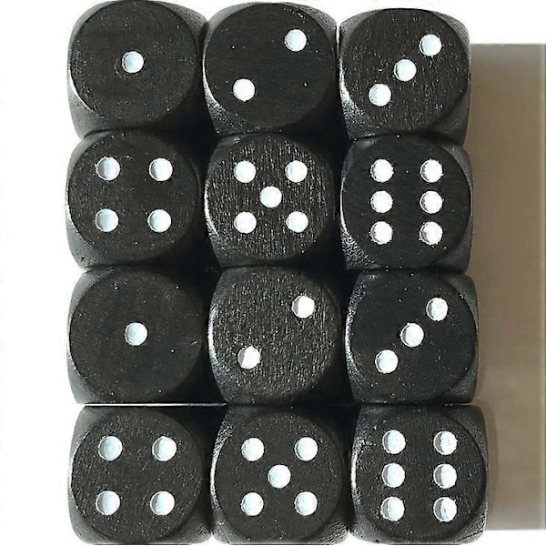 Färgglada Trätärningar för Brädspel 25mm (12 Svarta Tärningar med Vita Prickar)