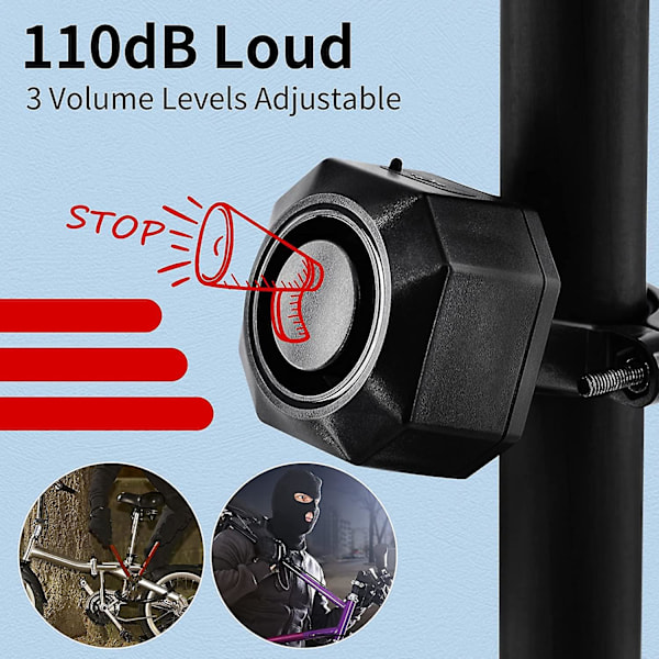 Trådlöst cykelalarm - USB-laddningsbart, stöldskyddsvibrationslarm, 110 dB volym, justerbar sensor - Fjärrkontroll ingår