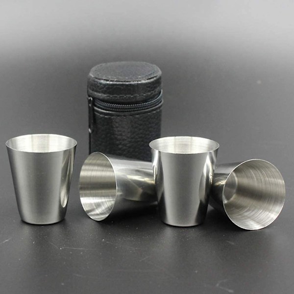 4 stk. 30 ml (1 oz) sort rustfrit stål PU-læder etui til udendørs camping rejse kaffe te kop, sølvfarvet kop, sort etui