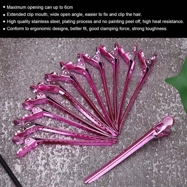 12 stk. Hårklips i Rustfrit Stål til Farvning, Styling og Hårpleje - Lilla og Rosa