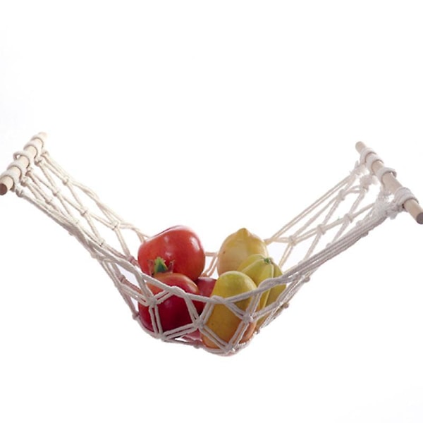 Fruktkorg för köket, frukt hammock i nordisk stil handgjord av ren bomull, lång hängande fruktkorg med krok för kök, vit, pinnlängd 30, total