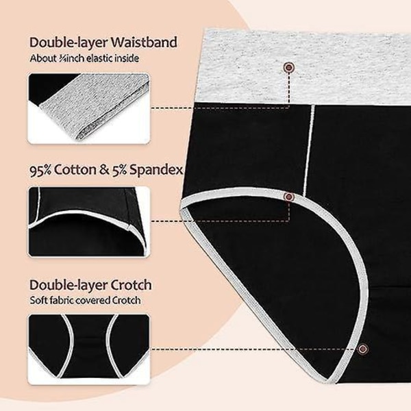 Högmidjade bomullsunderkläder för kvinnor med täckning över ryggen - 4-pack (svart, XL)