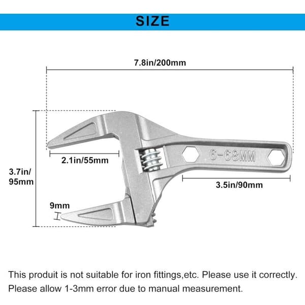 Adjustable Wrench 6-68mm Adjustable Wrench Short Handle Large Openings Ultra-thin and Lightweight Plumbing Tool Wrench White