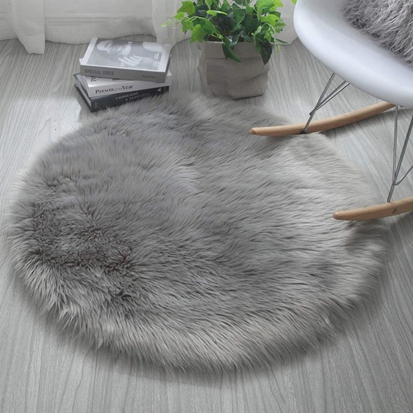 Fluffy imiteret pels skridsikkert rundt tæppe til stue, soveværelse, sofa - grå (60x60 cm)