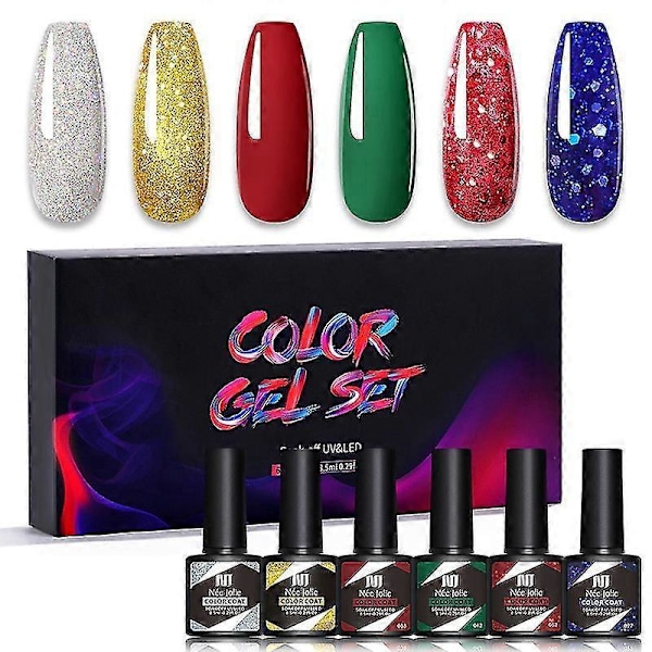 Farveskiftende Reflekterende Glitter Diamant Gel Neglelak Sæt, 6 Farver Glitter Gel Neglelak Reflekterende Neglelak Kit