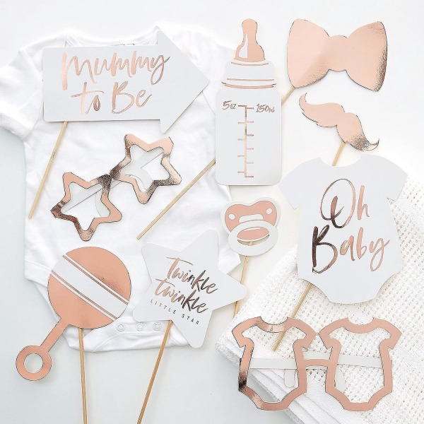 Set med 10 st guld och rosa folie Baby Shower Photo Booth rekvisita