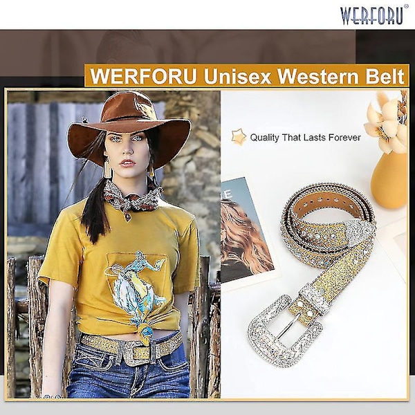 Läderbälte med guldstenar för westerncowboy/cowgirl - 125 cm