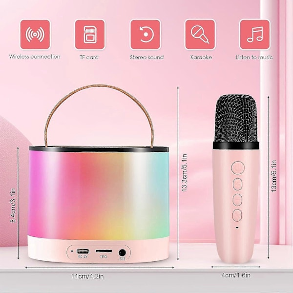 Karaoke Maskine Til Børn Voksne, Bærbar Bluetooth Højttaler Med 2 Mikrofoner Og Rgb Lys, Understøtter Tf/aux Input/sjov Magisk Stemme Juni 6.15 Pink