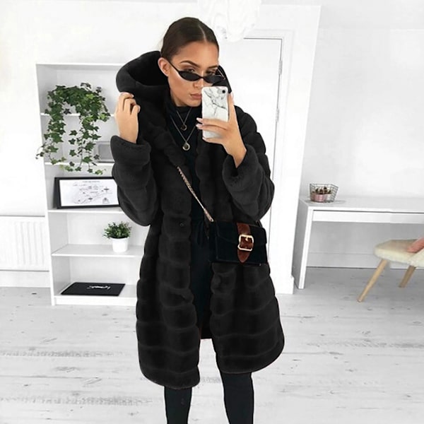 Fuzzy Sort Faux Mink Fløjl Hættejakke Frakke 3XL