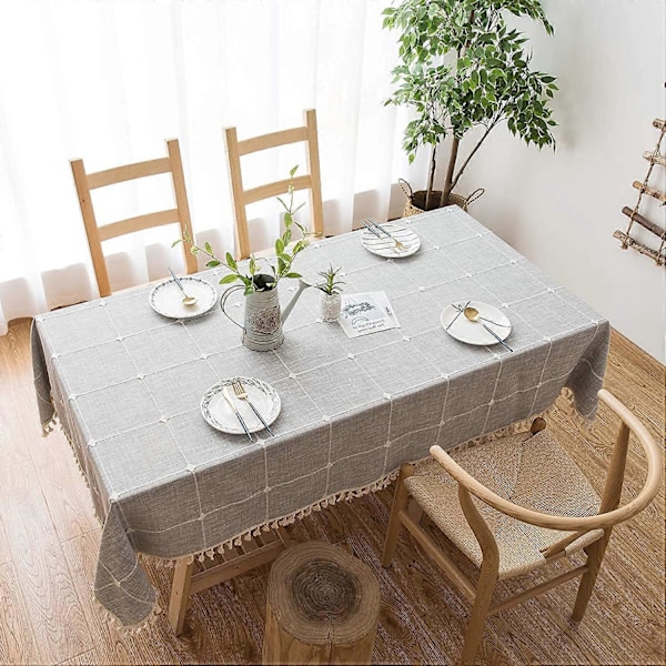 Rustikk Rutete Duk (140x178 cm) Bomulls Lin Grå Rektangulære Duker for Kjøkken, Spisestue, Selskap, Høytid, Jul, Buffet