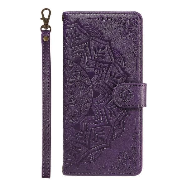 Compatible with iPhone 16e / iPhone 17e Wallet Case Embossed Mandala Pattern PU Leather + TPU Shell with Wrist Strap
