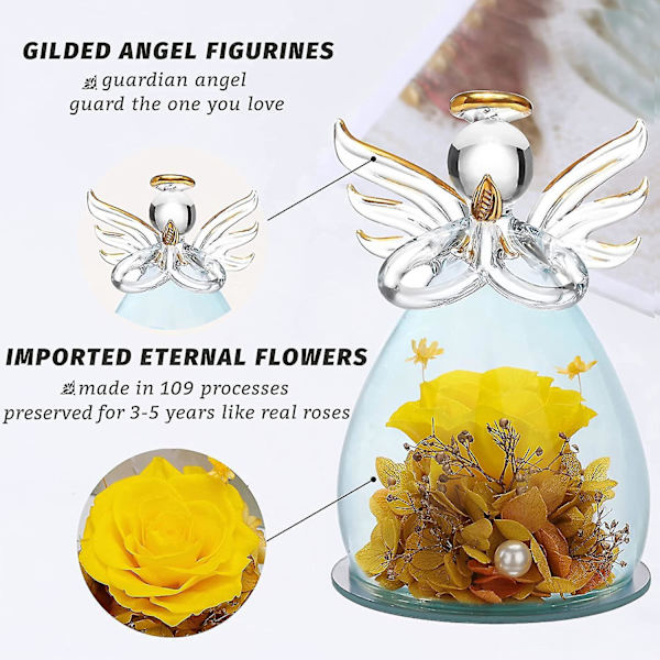 Glasengelstatue med smukke lilla blomster - Perfekt mors dags- eller fødselsdagsgave til mor 4.3X2.9in Engel gul