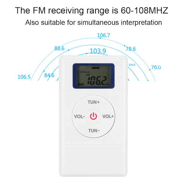 Kannettava mini-FM-radio korkealla herkkyydellä, kaulanauhalla ja kuulokkeella