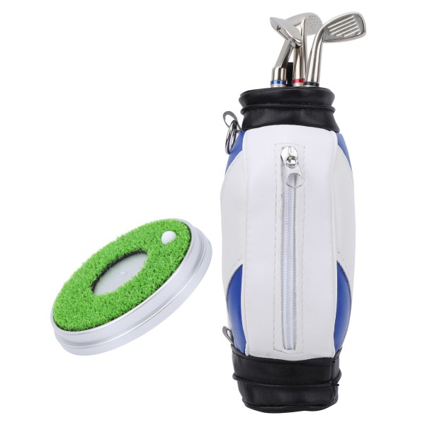 Miniatyr skrivbordsställ för pennor i form av en golfbag i zinklegering med golfpennor, souvenirset, present, blått och vitt