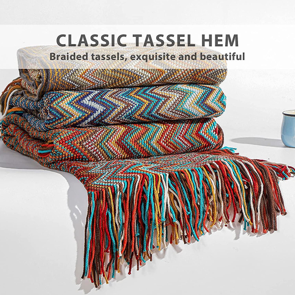 Farverigt Houndstooth strikket tæppe - Bohemian Style Varm og hyggelig sofaindretning - 130 cm x 220 cm